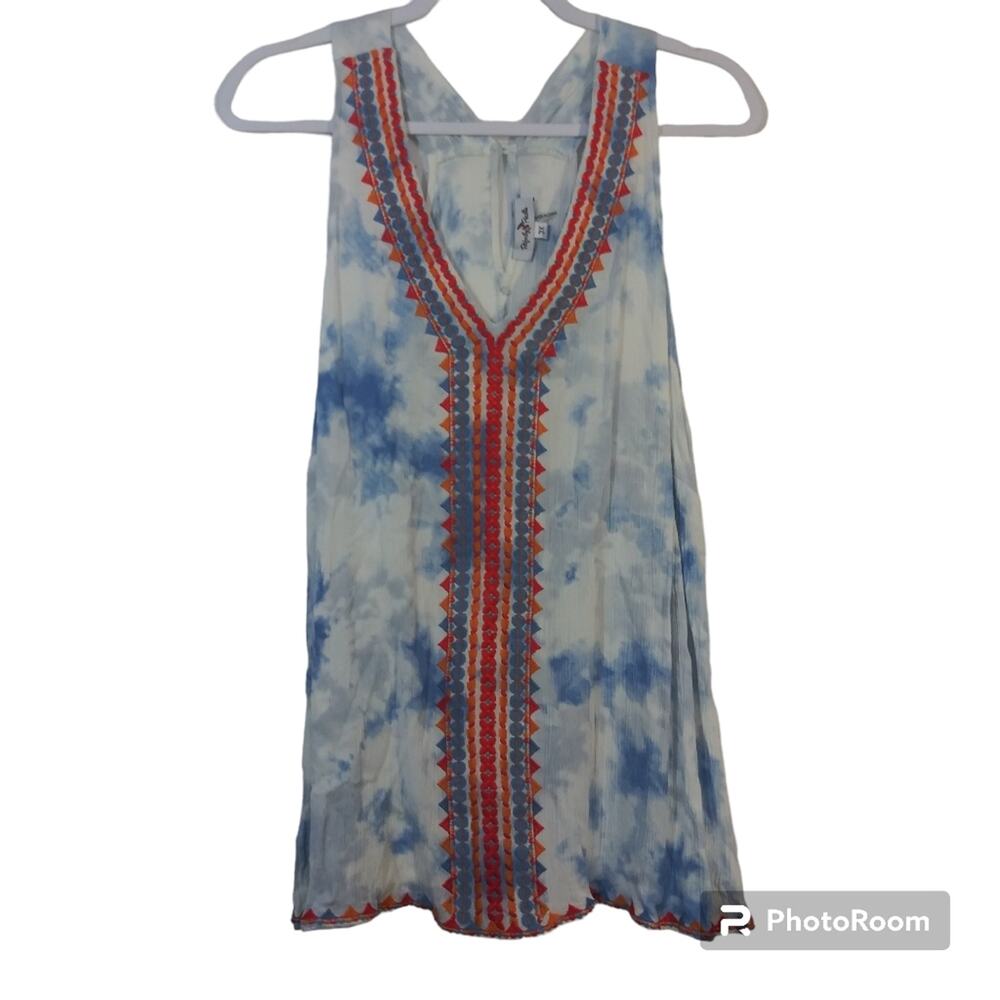 Perfectly Priscilla Blue Tie Dye Embroidered Racer Back Gauzy Tank Size 3X
